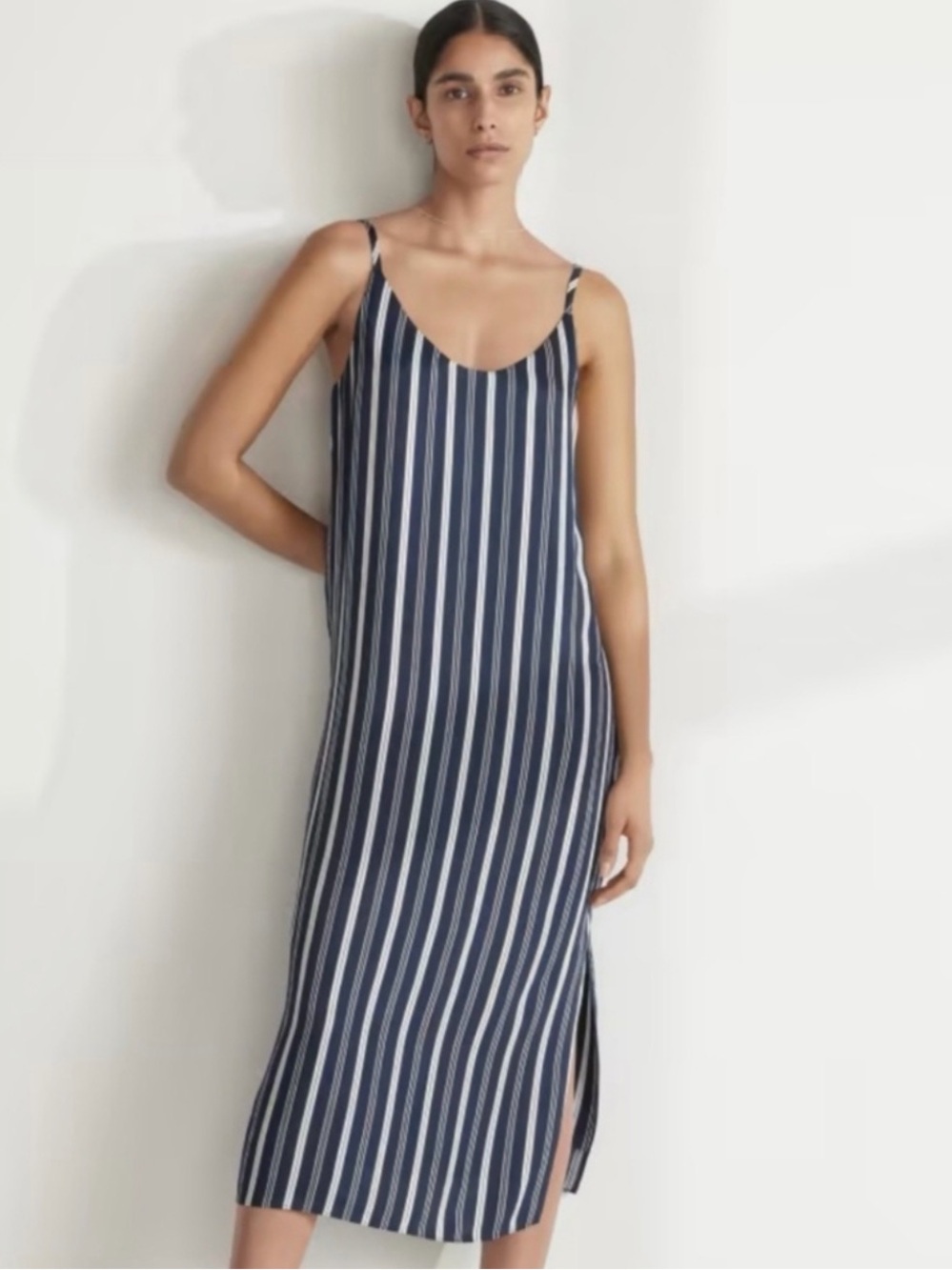 Everlane The Hammered Navy White Stripe Satin Slip Dress 2